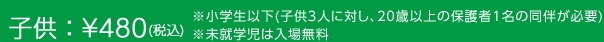 子供 ： ￥480(税込) ※小学生以下(子供3人に対し、20歳以上の保護者1名の同伴が必要)※未就学児は入場無料