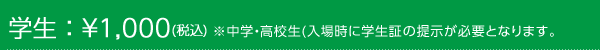 学生 ： ￥1,000(税込) ※中学・高校生(入場時に学生証の提示が必要となります。