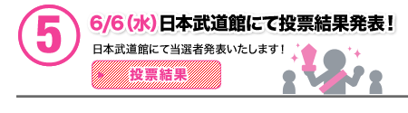 ５．6/6（水）日本武道館にて投票結果発表！ 日本武道館にて当選者発表いたします！ 投票結果